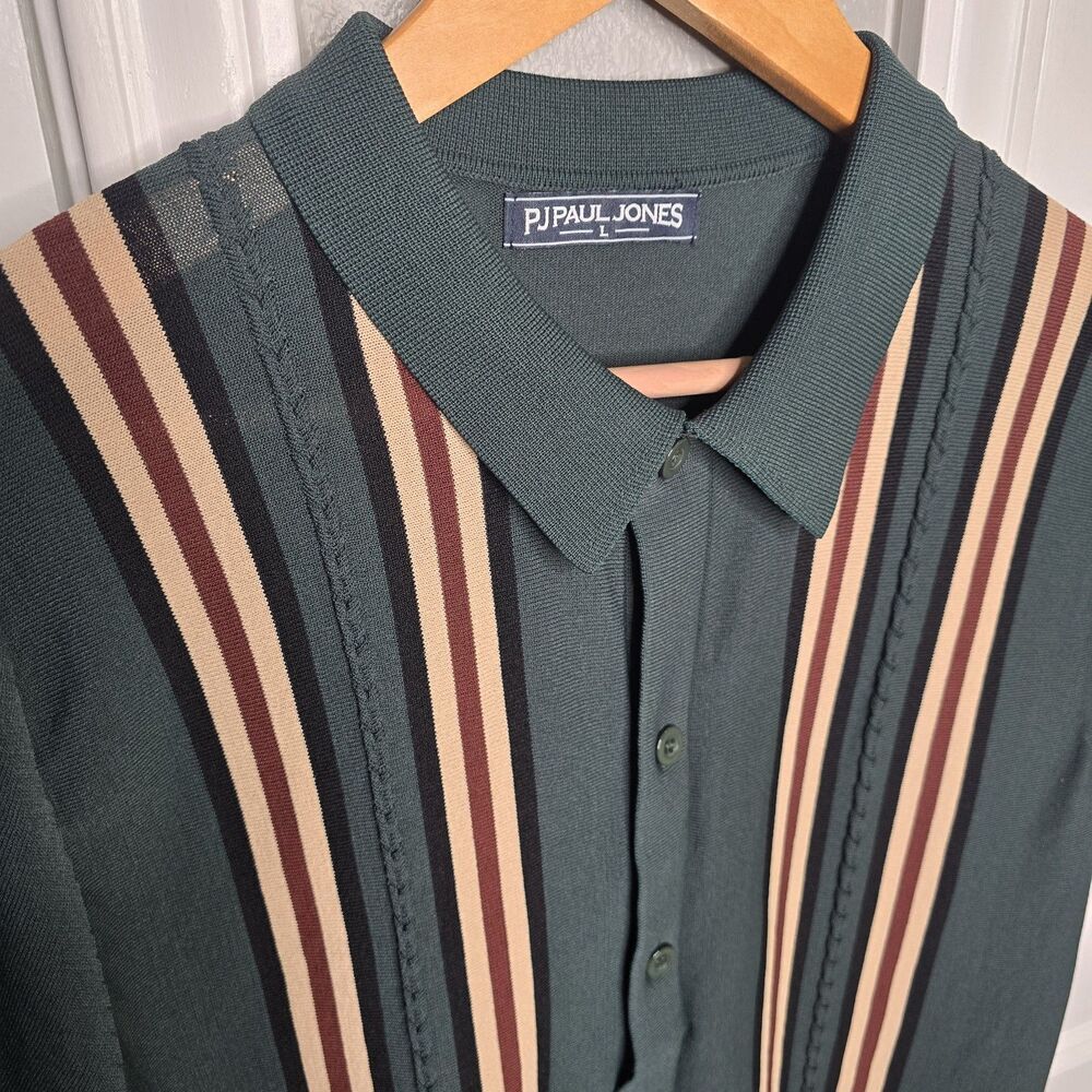 PJ Paul Jones Retro Vintage Style Knit Green w/Brown Blk Stripe Shirt Men's L
